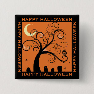 Tree and Graveyard Orange Art Happy Halloween 2 Inch Square Button