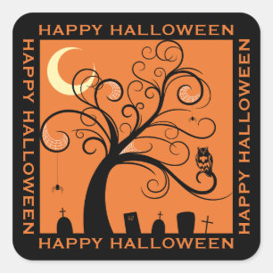 Tree and Graveyard Orange Art Happy Halloween Square Sticker