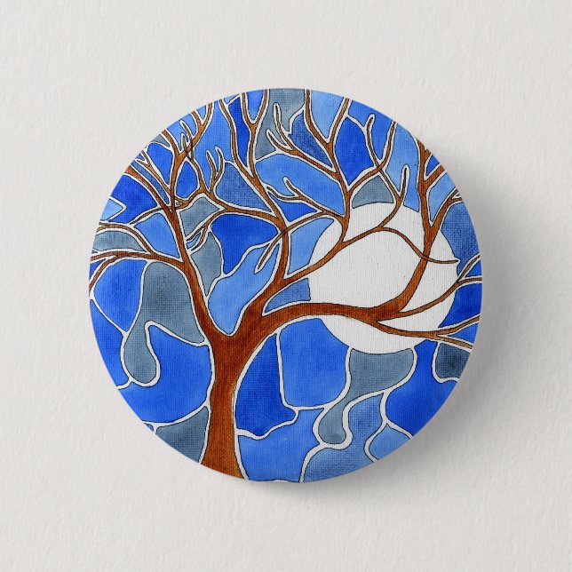 Tree and Moon Art Button- Blue 2 Inch Round Button (Front)