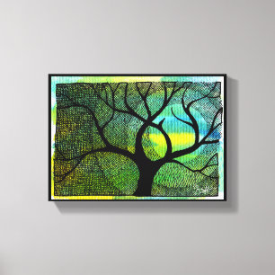 Tree and Moon - Blue and Yellow Watercolors Canvas Print