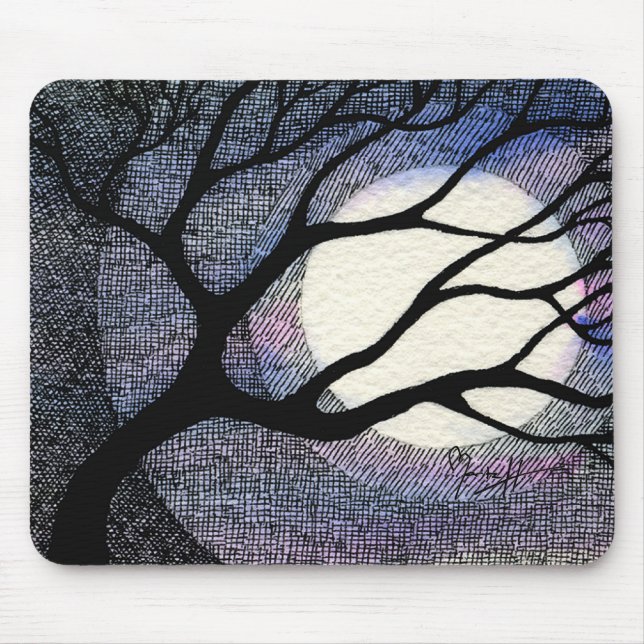 Tree and Moon Cross Hatched Mouse Pad (Front)