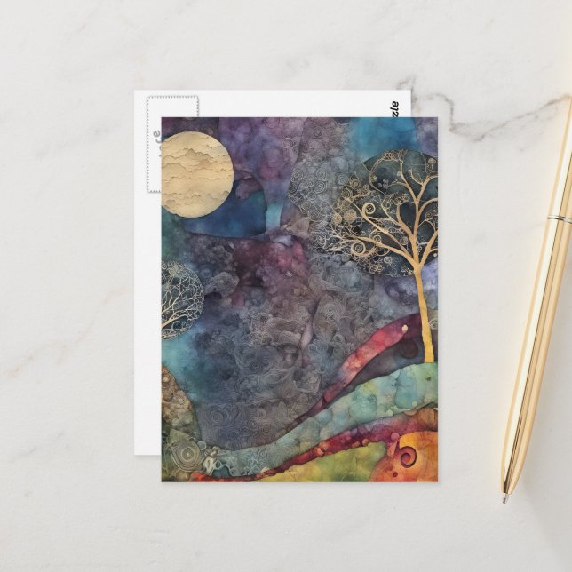 Tree and Moon mixed media collage Postcard (Front/Back In Situ)