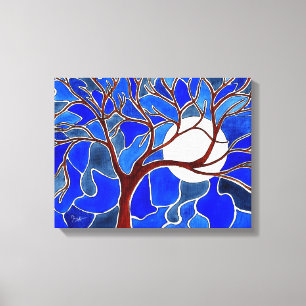 Tree and Moon on Canvas - Blue