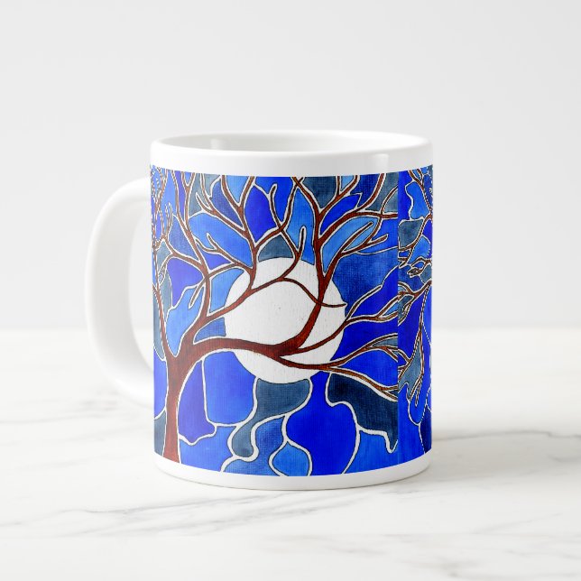 Tree and Moon on Canvas - Blue Large Coffee Mug (Front Left)