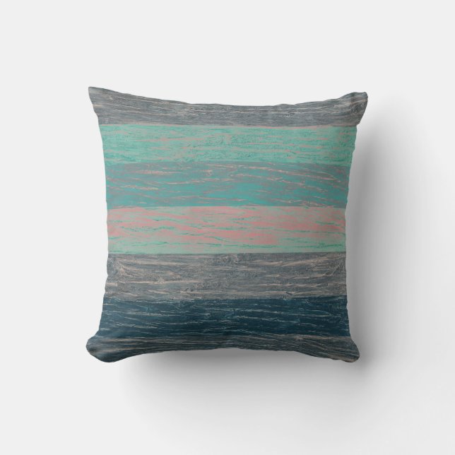 Tree bark wood striped grey turquoise throw pillow (Front)