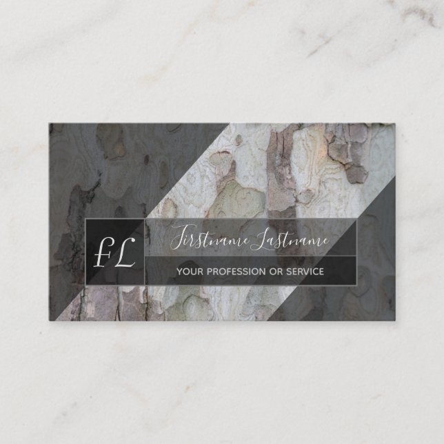 Tree bark wooden surface grey triangle monogram bu business card (Front)