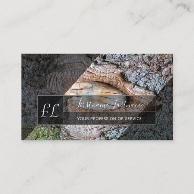 Tree bark wooden surface grey triangle monogram bu business card (Front)