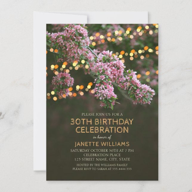 Tree Blossom Lights Rustic Floral 30th Birthday Invitation (Front)