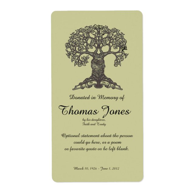 Tree Book Donated in Memory of Bookplate .. (Front)