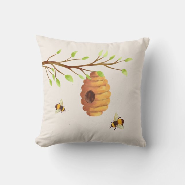 Tree branch with Honey Bees and Bee Hive Throw Pillow (Front)