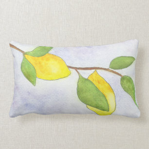 Tree Branch with Lemons and Leaves in Watercolor Lumbar Pillow