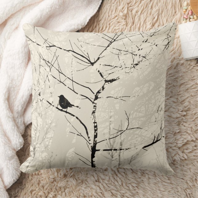 Tree Branches and Mocking Bird Taupe Cream Black Throw Pillow (Blanket)