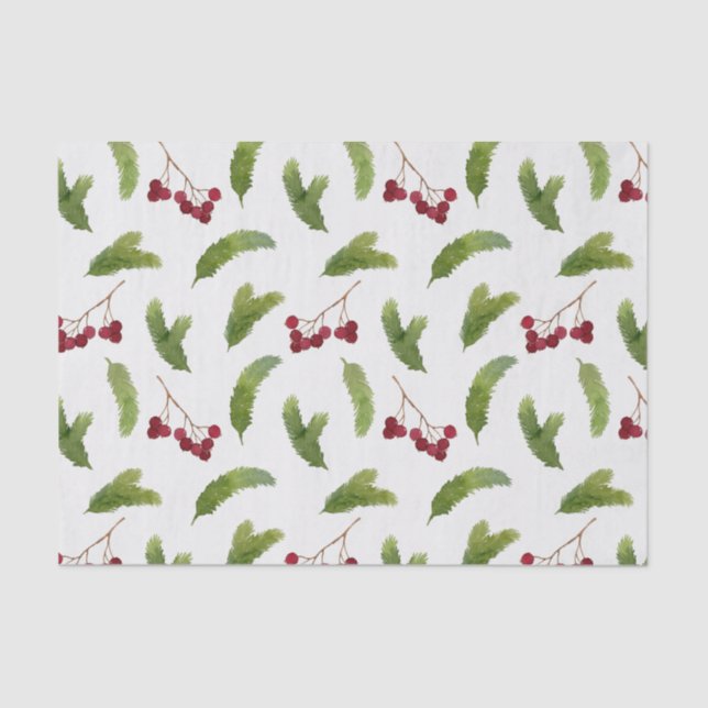 Tree Branches and Red Berries Christmas Tissue Paper (Front)