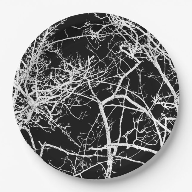 Tree branches on black background paper plate (Front)