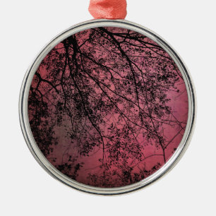 Tree Branchs Red Background Metal Ornament