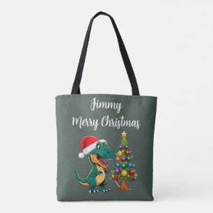 Tree decorated with billiard balls t-rex santa hat tote bag
