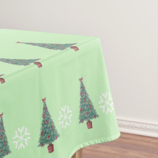tree decoration with red bows gold bells christmas tablecloth (In Situ)