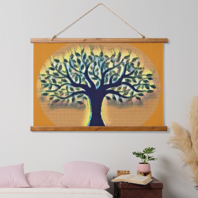 Tree faces yellow landscape watercolor  hanging tapestry (Bedroom)