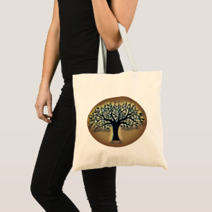 Tree faces yellow landscape watercolor tote bag