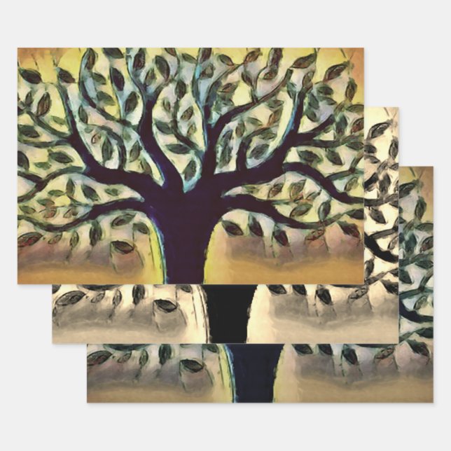 Tree faces yellow landscape watercolor  wrapping paper sheet (Set)