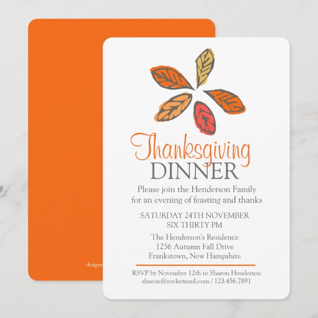 Tree Fall Thanksgiving Dinner orange invitation (Front/Back)
