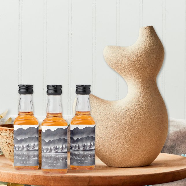 Tree Forest Mountain Black & White Thank You Mini Liquor Bottle Label (Creator Uploaded)