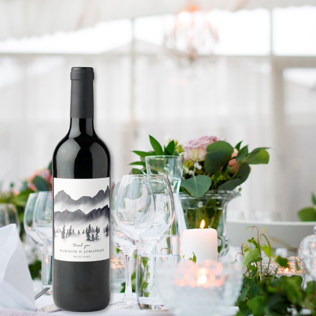 Tree Forest Mountain Black White Thank You Wedding Wine Label (Creator Uploaded)