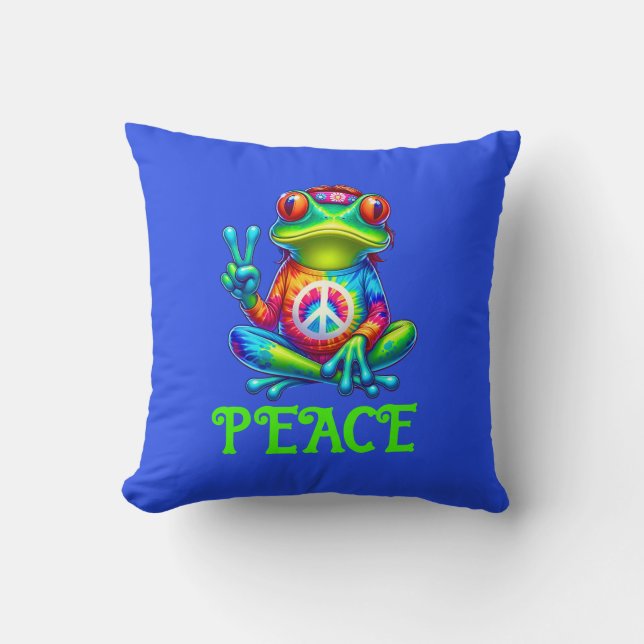 Tree Frog Peace Sign Tye Dye Shirt, Yoga Inspired  Throw Pillow (Front)