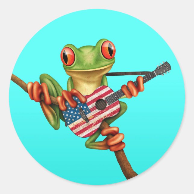 Tree Frog Playing American Flag Guitar Blue Classic Round Sticker (Front)