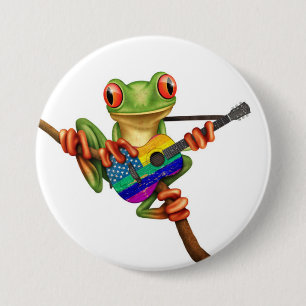 Tree Frog Playing American Rainbow Guitar White 3 Inch Round Button