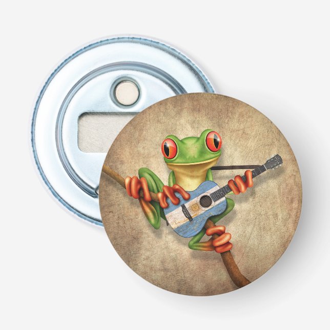 Tree Frog Playing Argentinian Flag Guitar Bottle Opener (Front)
