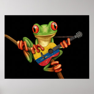 Tree Frog Playing Colombian Flag Guitar Black Poster