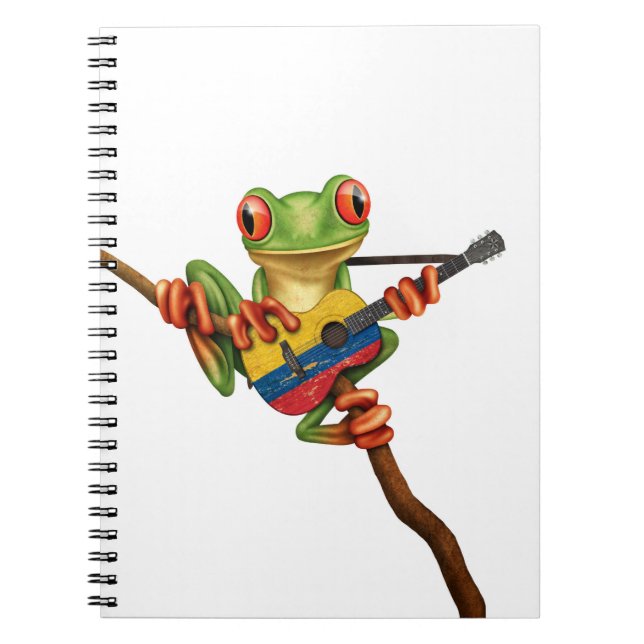 Tree Frog Playing Colombian Flag Guitar White Notebook (Front)