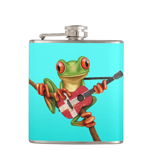 Tree Frog Playing Danish Flag Guitar Blue Hip Flask (Front)