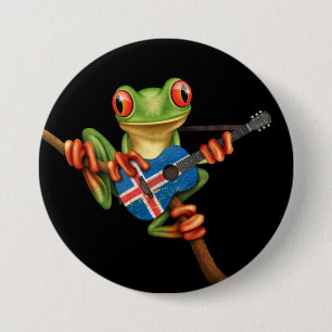 Tree Frog Playing Icelandic Flag Guitar Black 3 Inch Round Button