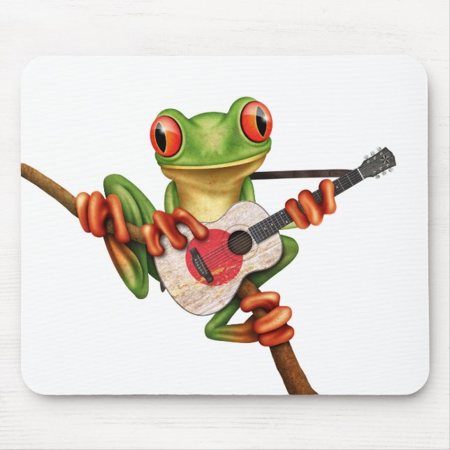 Tree Frog Playing Japanese Flag Guitar White Mouse Pad (Front)