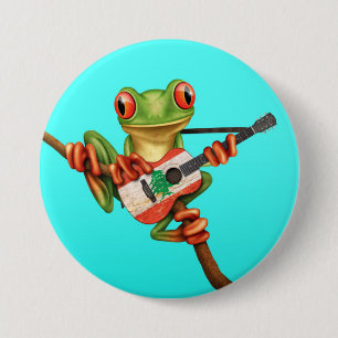 Tree Frog Playing Lebanese Flag Guitar Blue 3 Inch Round Button