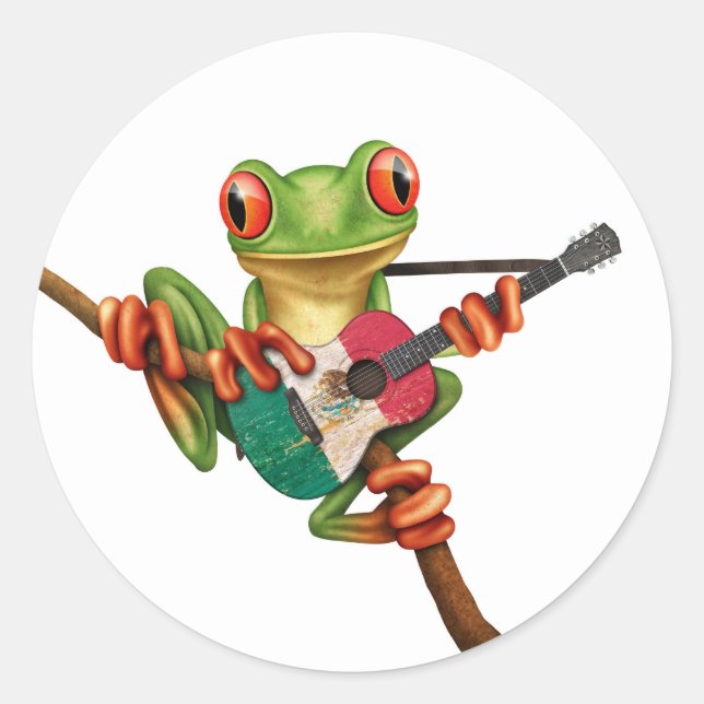 Tree Frog Playing Mexican Flag Guitar White Classic Round Sticker (Front)