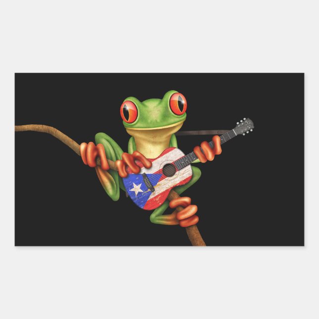 Tree Frog Playing Puerto Rico Flag Guitar Black Sticker (Front)