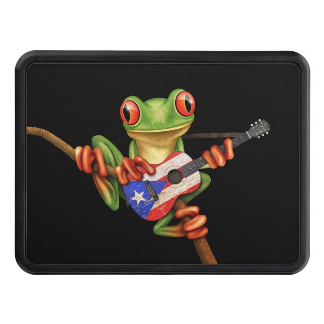 Tree Frog Playing Puerto Rico Flag Guitar Black Trailer Hitch Cover (Front)
