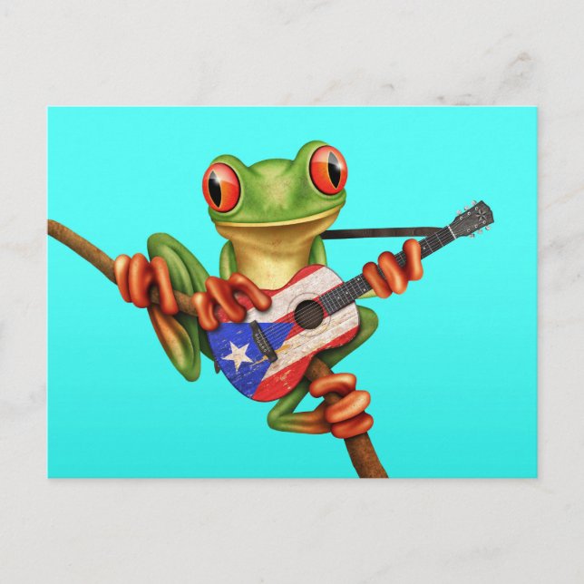 Tree Frog Playing Puerto Rico Flag Guitar Blue Postcard (Front)