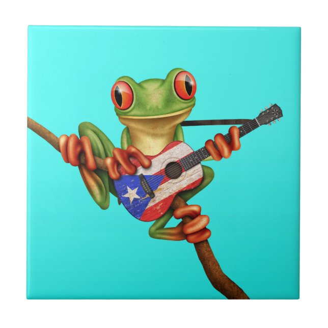 Tree Frog Playing Puerto Rico Flag Guitar Blue Tile (Front)