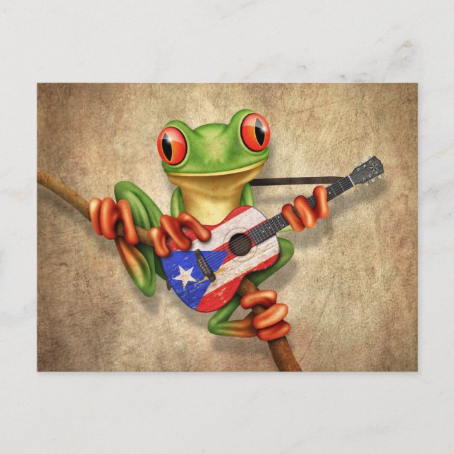 Tree Frog Playing Puerto Rico Flag Guitar Postcard (Front)