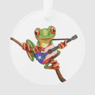 Tree Frog Playing Puerto Rico Flag Guitar White Ornament