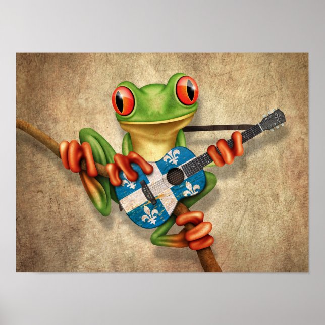 Tree Frog Playing Quebec Flag Guitar Poster (Front)