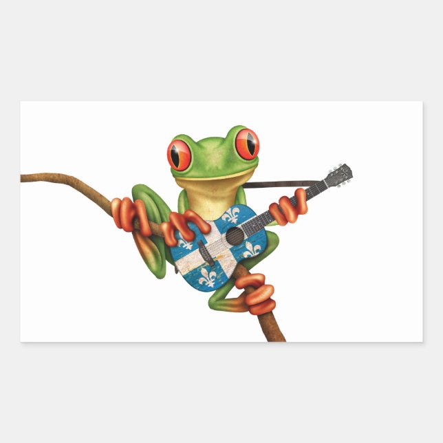 Tree Frog Playing Quebec Flag Guitar White Sticker (Front)