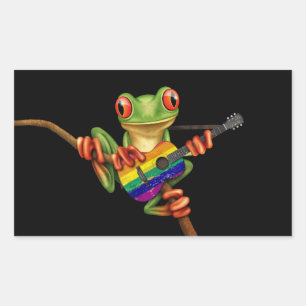Tree Frog Playing Rainbow Flag Guitar Black Sticker