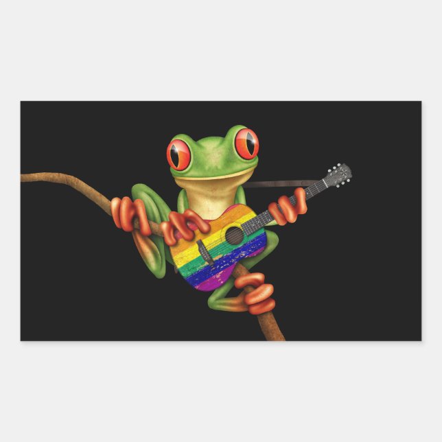Tree Frog Playing Rainbow Flag Guitar Black Sticker (Front)