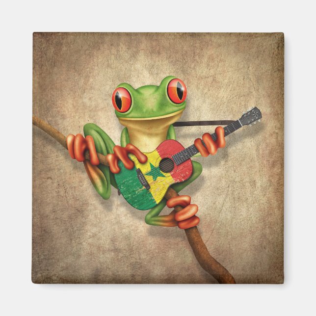 Tree Frog Playing Senegal Flag Guitar Magnet (Front)