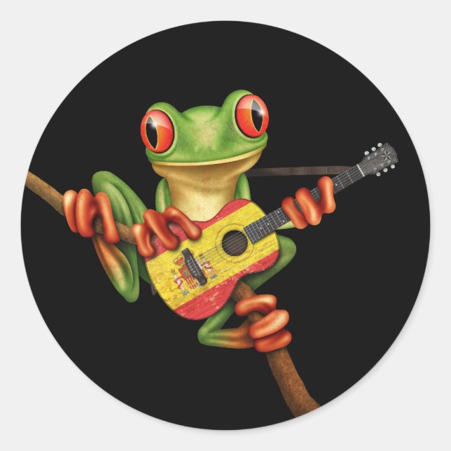 Tree Frog Playing Spanish Flag Guitar Black Classic Round Sticker (Front)
